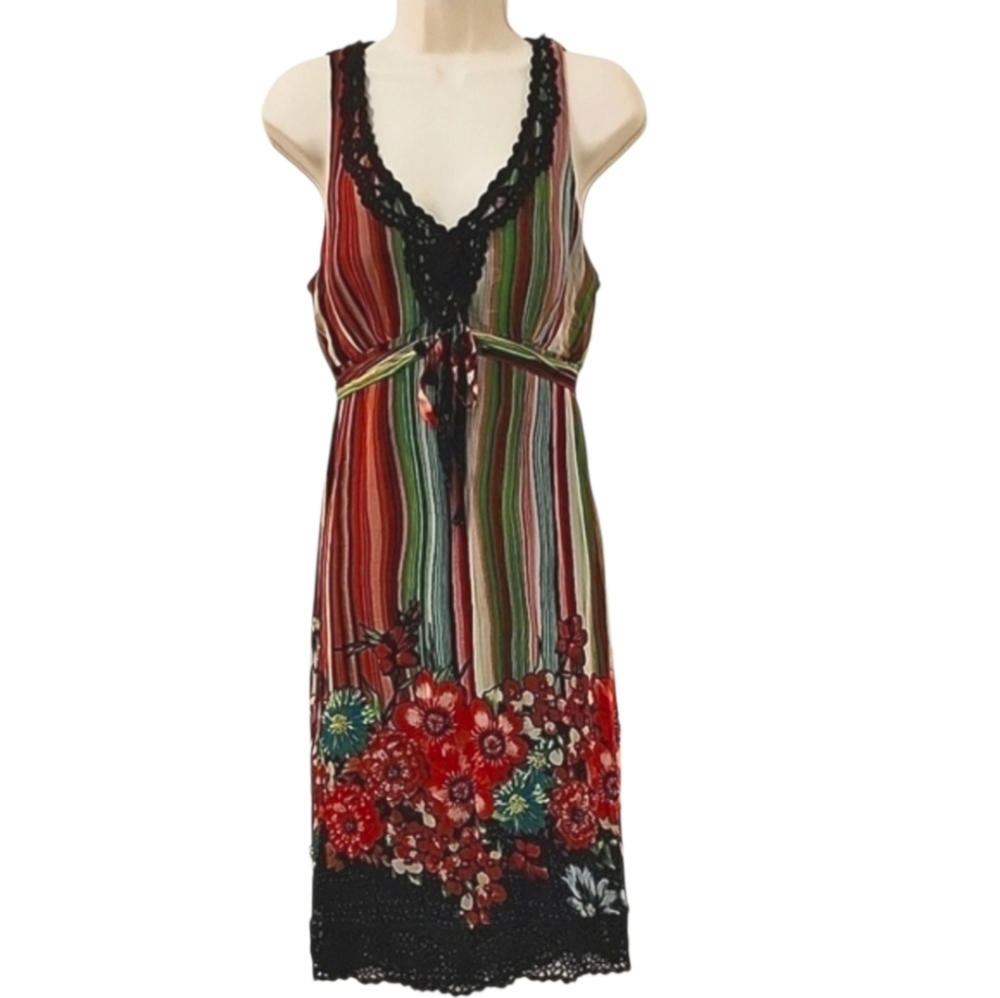 Sue Wong Vintage 100% Silk Forest Fairy Multicolor Floral Striped Dress Sz 12 - Picture 2 of 16